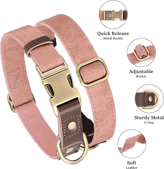 Didog Soft PU Leather Dog Collar for Large Dogs,Classic Adjustable Dog Collars with Quick Release Metal Buckle,Easy Clean and Comfortable with Nylon Lining,Pink,L Neck 15-23"