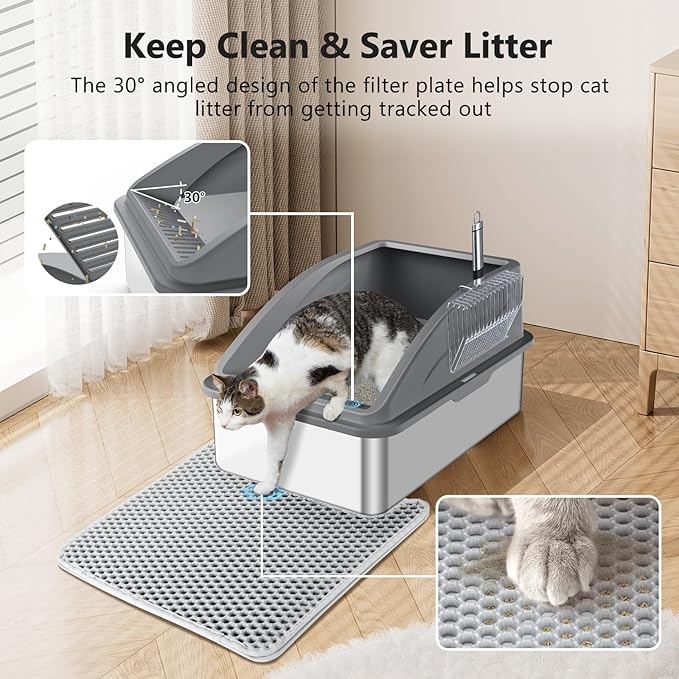 Stainless Steel Litter Box, Extra Large Litter Boxes for Big Cats, XL Metal Cat Litter Box with Lid, Anti-Urine Leakage, Non-Sticky, Include Cat Mat and Litter Scoop