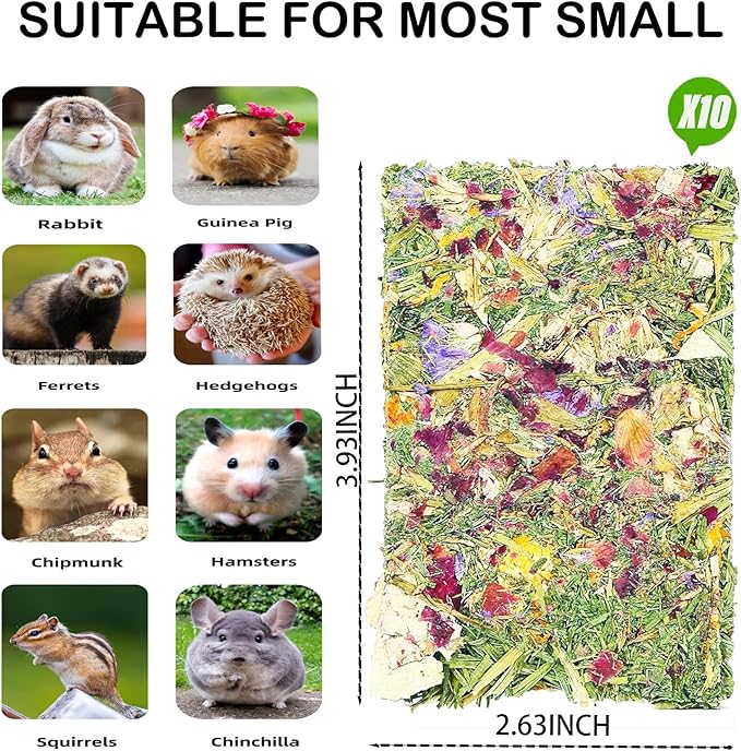 Rabbit Toys 10 Pack Bunny Toys Bunny Chew Toy Guinea Pig Treats Timothy Hay Toy Chips with Herbal Flowers Timothy Hay Grass Hamster Snacks Chinchillas Gerbils for Small Animals Teeth