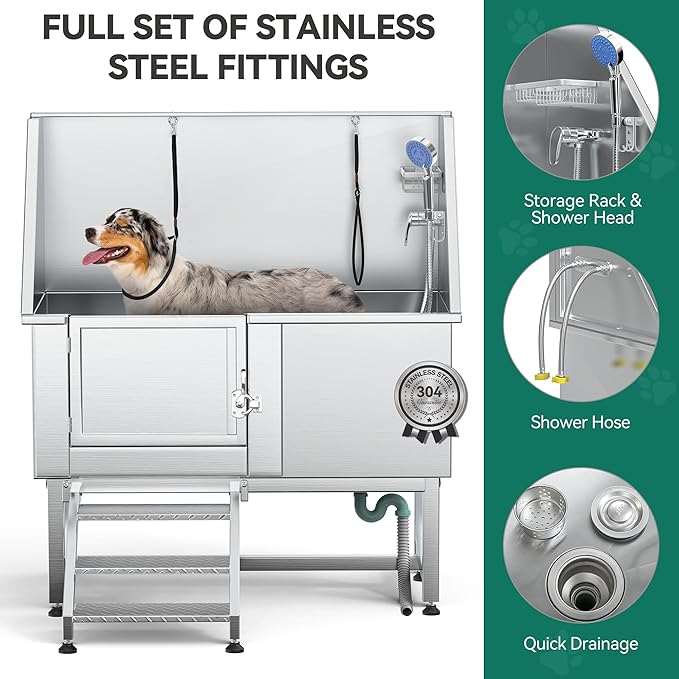 YITAHOME Dog Bathing Station, Professional Stainless Steel 304 Dog Grooming Bathtub w/Left Stairs, Faucet, Floor Grate, 50in Pet Washing Station for Large, Medium, Small Pets
