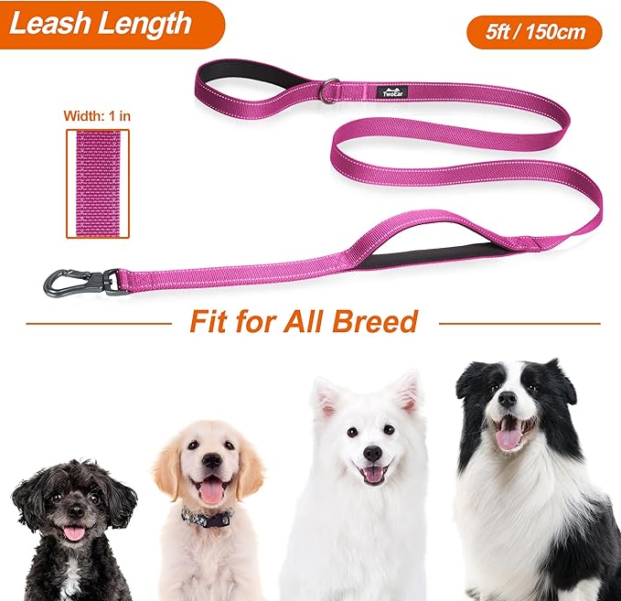 TwoEar 5FT 1IN Strong Rose Dog Leash with 2 Padded Handles, Traffic Handle Extra Control, Comfortable Soft Dual Handle, Auto Lock Hook, Reflective Walking Lead for Small Medium and Large Dogs