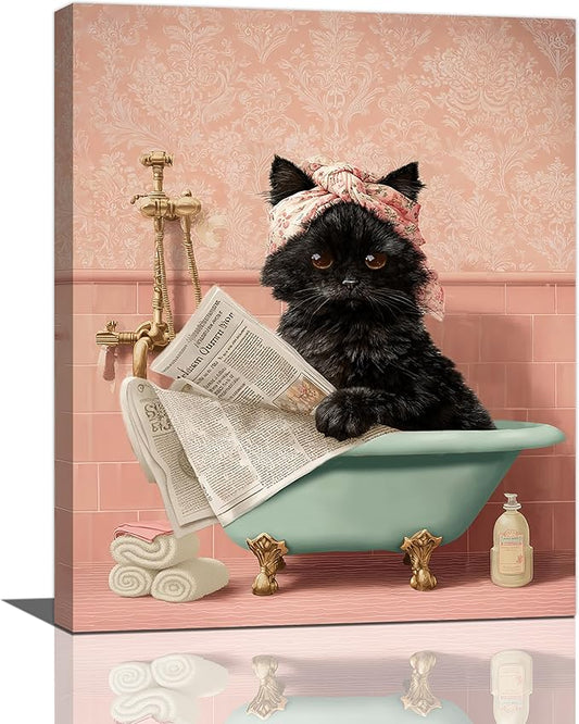 Cat Bathroom Wall Decor Black Cat Reading Newspaper in Bathtub Canvas Wall Art Funny Bathroom Pictures Kitten Painting Print Pink Artwork Framed Decorations Gifts 16"x20"