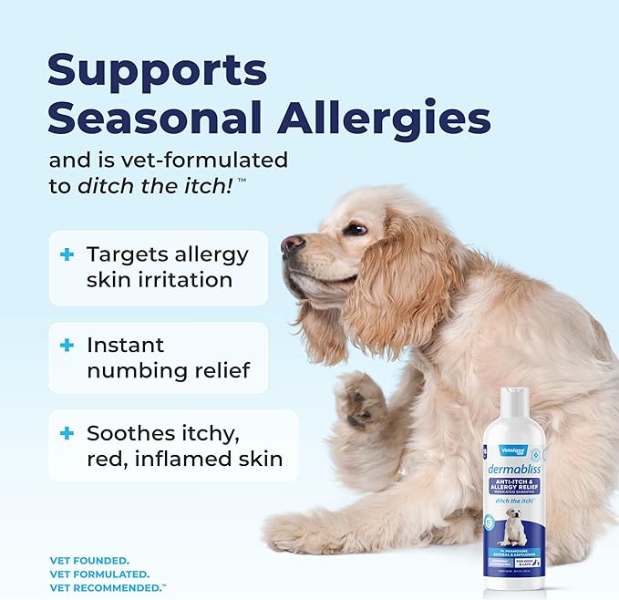Vetnique Labs Dermabliss Dog Allergy and Itch Relief, Skin and Coat Health Supplements and Grooming Supplies with Omega 3-6-9, Biotin - Ditch The Itch (Itch Relief, 16oz Shampoo)