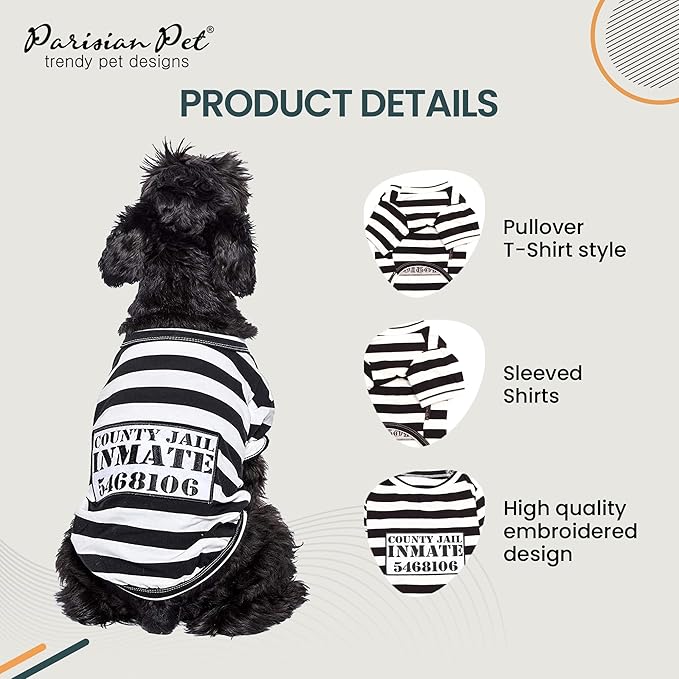 Parisian Pet Dog Shirt - Prisoner Dog Costume - 100% Cotton Black and White Strips Dog Clothes - Lightweight Polyester Dog Shirts - Sleeved Dog Costume for Medium Dogs - Pet Costumes - L