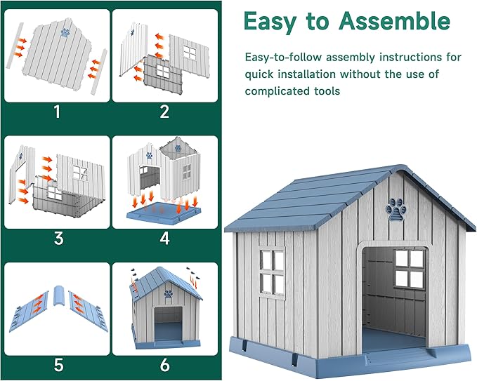 Vixzen 38in Large Outdoor Dog House,Durable Water Resistant Resin Dog House,Doghouse for Small to Large Dogs Indoor or Outside,with Air Vent and Elevated Floor,Blue