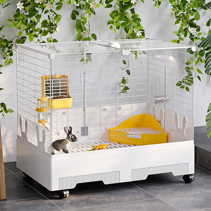 Oneluck Indoor Bunny Cage with Pull-Out Tray,Wheels and Transparent Panel，Rabbit, Guinea Pig, Chinchillas, and Small Animal Condo