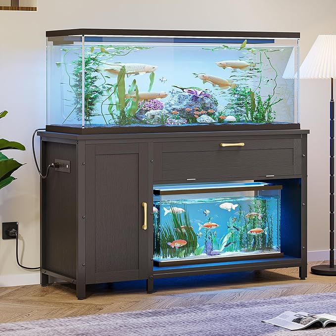 Bestier 55-75 Gallon Fish Tank Stand with Power Outlet&LED Light, 49x19 Heavy-Duty Metal Aquarium Stand with Cabinet&Drawer for Accessories Storage, Suit for Reptile/Turtle Terrarium, 726Lbs Capacity
