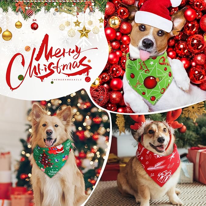 Preboun 100 Pieces Christmas Dog Bandanas Bulk Xmas Holiday Bandanas for Dogs Xmas Green and Red Kerchief Set for Christmas Puppy Small to Large Pets Costume Accessories