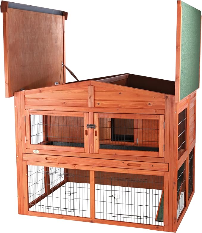 TRIXIE natura Outdoor Deluxe Rabbit Hutch with Run - Large 2-Story Rabbit Cage with Non-Slip Ramp - Elevated Small Animal House with Secure Playpen, Hinged Roof & Two Pull-Out Trays - in Natural