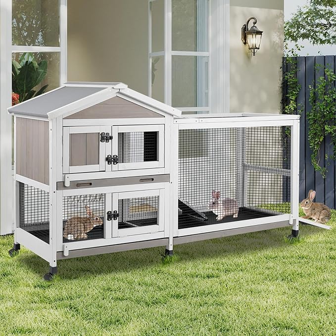 Rabbit Hutch Outdoor Indoor Bunny Hutch with Run 2-Story Large Rabbit Cage on 6 Wheels, 3 Leak Proof Trays, Ramp, Waterproof Roof for Small to Medium Animals, Expandable Design