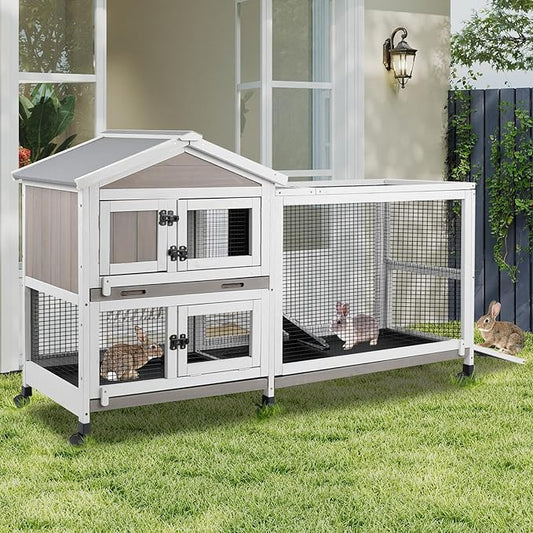 Rabbit Hutch Outdoor Indoor Bunny Hutch with Run 2-Story Large Rabbit Cage on 6 Wheels, 3 Leak Proof Trays, Ramp, Waterproof Roof for Small to Medium Animals, Expandable Design