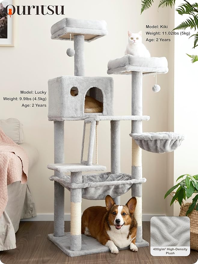 Ouritsu Cat Tree, 56 inch Tall Cat Tower for Large Cat Indoor, Large Condo, 2 Padded Perches, Steel-Framed Hammock, Scratching Post and ramp, Fluffy Basket, Light Gray, LF001GA