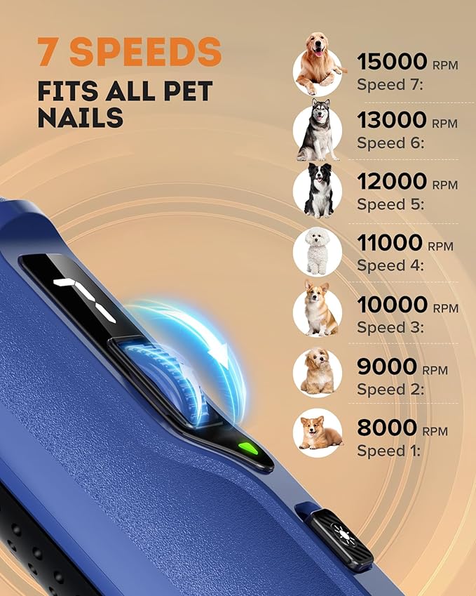 YABIFE 7-Speed Pet Nail Grinder with Light – Heavy Duty, Whisper Quiet Nail Trimmer for Dogs, Cats, Birds & Small Animals – Single-Handed Operation