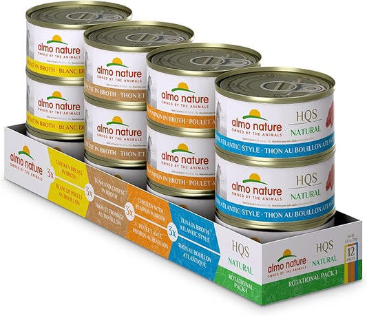 almo nature Wet Cat Food HQS Natural Rotational Diet Chicken & Tuna Selection-Variety Pack, Grain-Free, High-Protein, Highly Digestible, Sensitive Stomach Formula, Additive-Free, 2.47 oz Cans,24-Pack