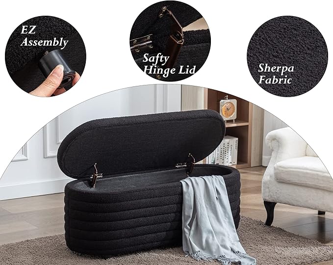Storage Ottoman Bench Upholstered Fabric Storage Bench End of Bed Stool with Safety Hinge for Bedroom, Living Room, Entryway (45.5-inch, Black)