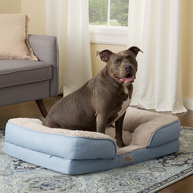 TOWN & COUNTRY EVERYDAY CuddleTown Comfy Solid Bolster Sofa Pet Bed, Supportive & Calming Egg Crate Foam, Non-Slip Bottom, Machine Washable Cover, Blue, Large 35"x25"x8"