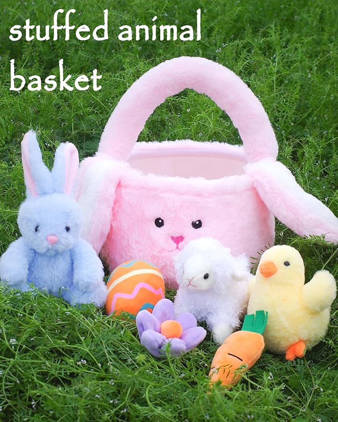 7 Piece Plush Stuffed Animals Playset Toys with Rabbit, Chick, Lamb, Carrot, Egg, Flower, Furry Bag, Soft Basket Set Toys for Girls Kids Ages 3+, Birthday Christmas Valentines Easter Party Favors
