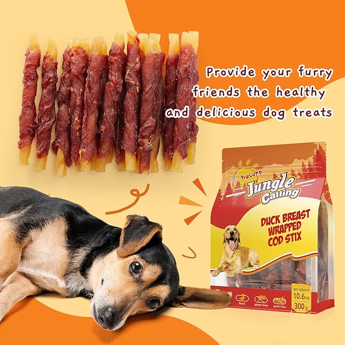 Jungle Calling Duck Wrapped Cod Sticks Dog Treats, Rawhide Free Training Rewards Snacks for Dogs, Natural Chewy Sticks Treats, 10.6oz