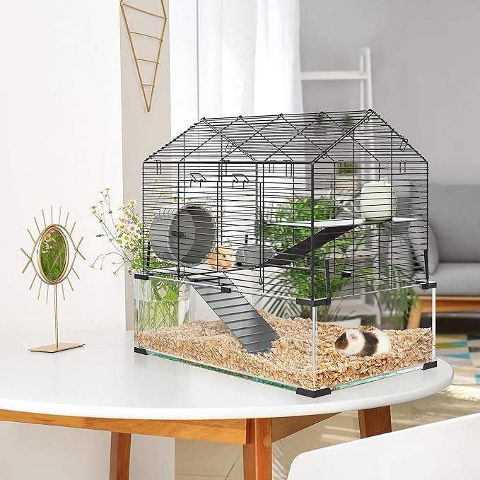 Large Hamster Cage with 7" Deep Tempered Glass Bottom, 3 Tiers Big Hamster Tank with Running Wheel, Hut, Water Bottle, Dish, Rat Cages for Syrian, Dwarf, Gerbils, Mouse, 22.83" x 15" x 21.25"