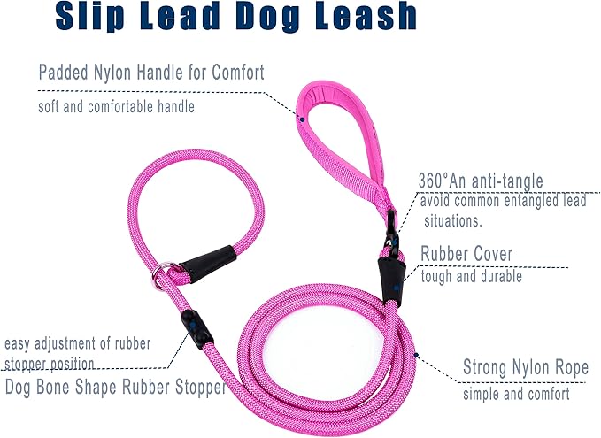 Slip Lead Dog Leash，Strong Nylon Rope Leash and Padded Handle,No Pull Outdoor Walking Training Lead for Small Medium Large Dogs(Fuchsia, 1/2"×6ft)