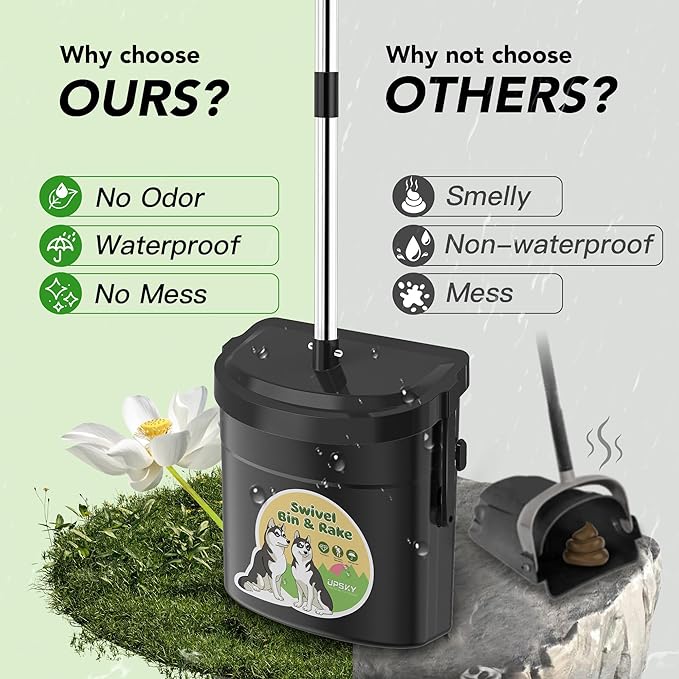 UPSKY Dog Pooper Scooper Swivel Bin & Rake Kit with 100 Waste Bags,33.4" Stainless Steel Long Handle Heavy Duty Pet Poop Shovel for Large Medium Small Dogs, Odor-Proof Lid for Yard/Lawn/Outdoor Use