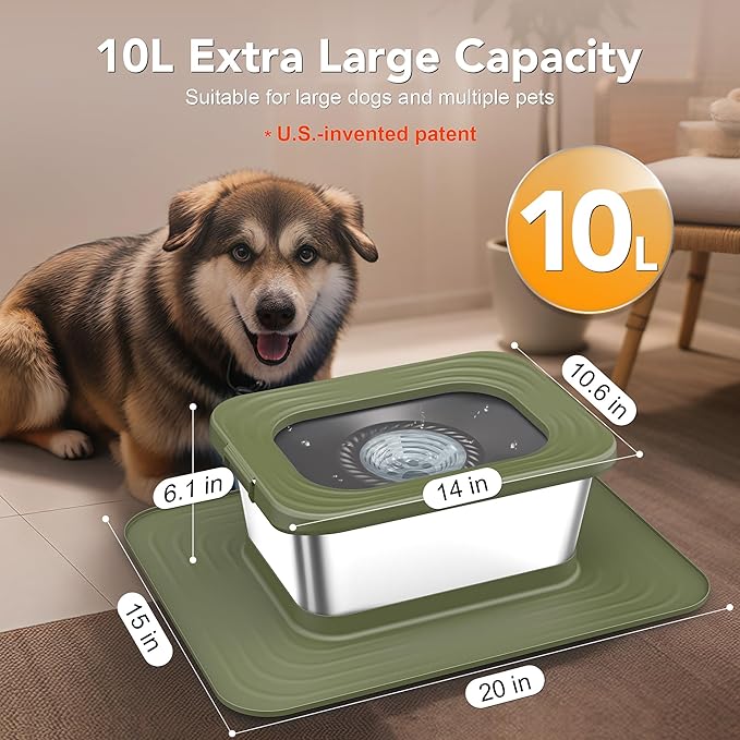 Decflow 10L Stainless Steel Dog Water Bowl, No Spill Anti-Splash Dog Bowls with XXL Silicone Mat, Spill-Proof Slow Feeder for Messy Drinkers, Heavy Duty Pet Bowls for Indoor/Outdoor Use