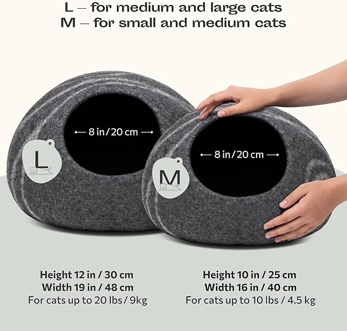 MEOWFIA Cat Cave – Premium Felt Cat Bed for Indoor Cats, Handmade 100% Merino Wool (Large, Dark Grey)