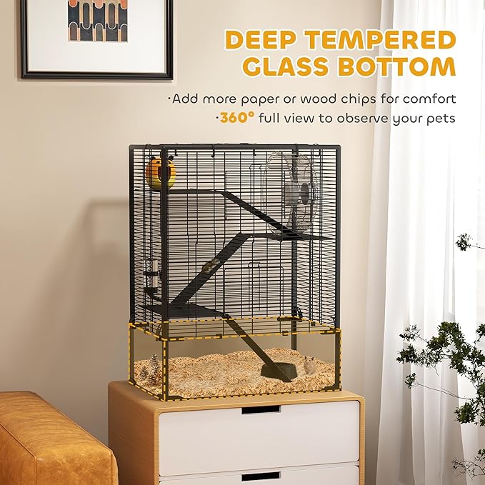 PawHut Large Hamster Cage with Deep Tempered Glass Bottom, 4 Tiers Hamster Tank with Running Wheel, Hut, Water Bottle, Dish, Rat Cage for Syrian, Dwarf, Gerbils, Mouse, 24" x 16" x 31.5", Black