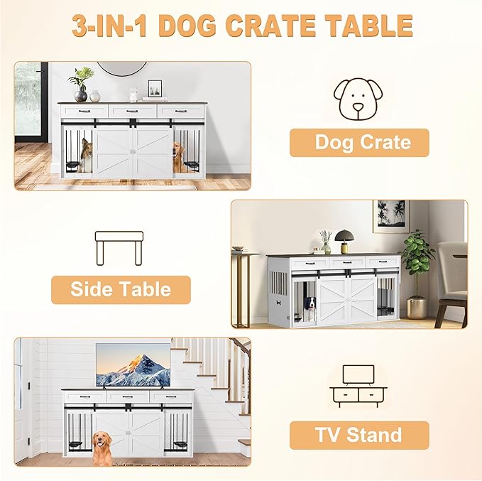 RQZ 65" Double Dog Crate Furniture for 2 Dogs Heavy Duty Wood Dog Cage Table with 3 Storage Drawers and 4 Stainless Steel Bowls Dog Kennel Indoor for Medium Large Dogs