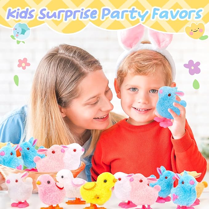 SevenQ Wind Up Toys for Kids Easter Basket Stuffers, 9Pcs Hopping Bunny Toys and Plush Chicks Jumping Small Fidget Toys for Easter Egg Fillers Goodie Bags Treasure Chest Party Favors Gifts
