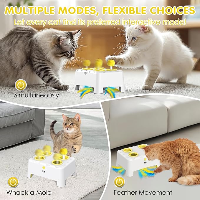 Cat Toys, 2 in1 Automatic Interactive Cat Toys for Indoor Cats, 4 Holes Mice Whack a Mole Cat Mouse Toy with Moving Feather, Rechargeable USB Power Kitten Feather Toys for All Breeds (Yellow)