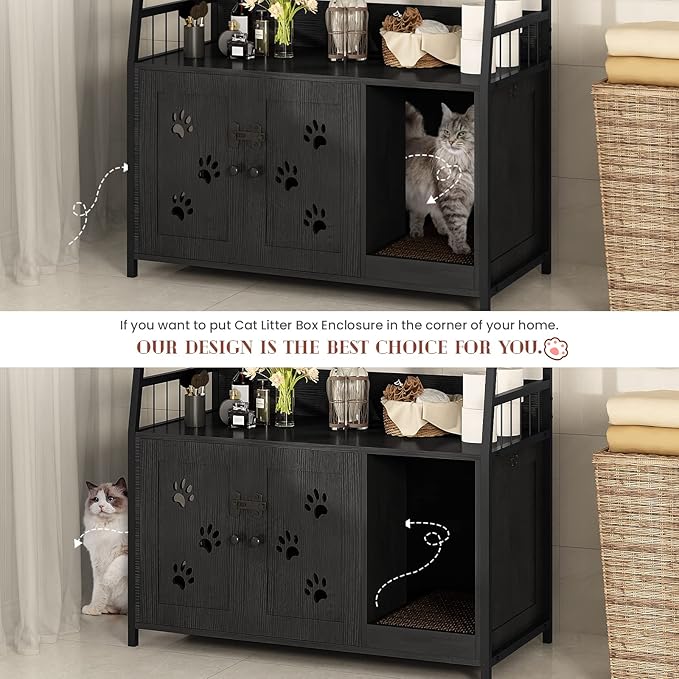 Recaceik Large Cat Litter Box Enclosure with Shelf Storage, Hidden Cat Washroom Furniture, Wooden Cat House with Scratch Pad, Sturdy Indoor Cat Cabinet with 2 Doors, Black