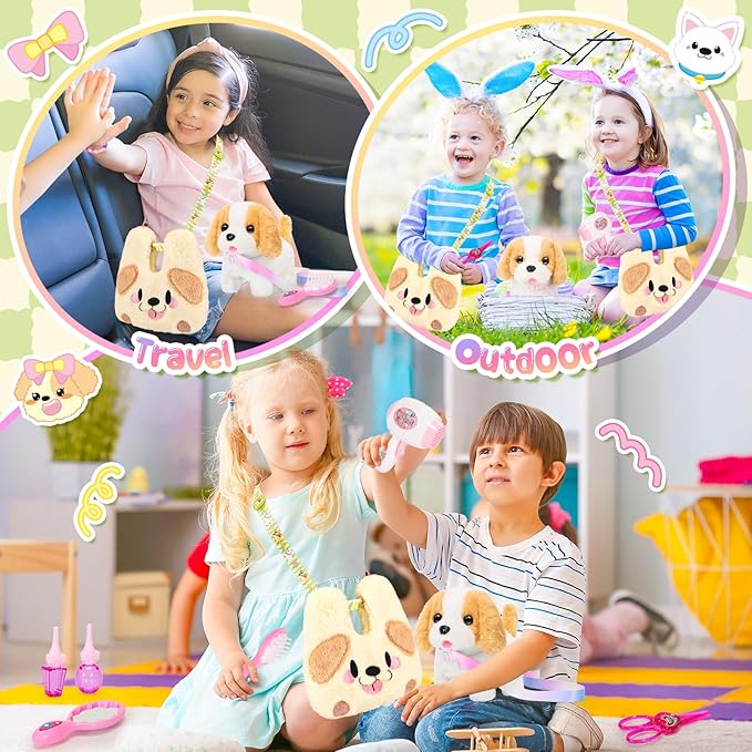Plush Dog Toys for Kids with Crossbody Bags, Puppy Toys Robot Dog with Leash Walking Barking Tail Wagging, Pretend Play Pet Care Cute Stuff Electronic Interactive Toddler Birthday Gifts