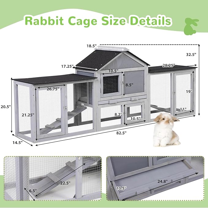 82.5” Large Wooden Rabbit Hutch Outdoor Easy to Assemble Rabbit Cage and Durable Bunny Hutch Indoor with Cleaning Tray & Waterproof Roof for Small and Medium Bunny Rabbit Chick (Grey)