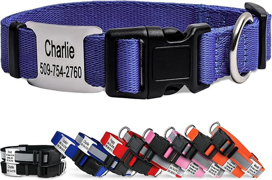 GoTags Personalized Dog Collar with Nameplate, Adjustable Dog Collar with Custom Engraved Slide On Pet ID Tag in Stainless Steel, Silent, No Noise Dog Tag (Lavender, Small)
