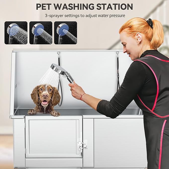 YITAHOME Dog Bathing Station, Professional Stainless Steel 304 Dog Grooming Bathtub w/Left Stairs, Faucet, Floor Grate, 50in Pet Washing Station for Large, Medium, Small Pets