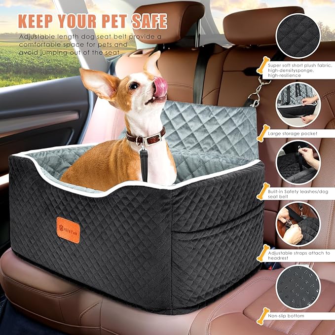 Memory Foam Booster Dog Car Seat for Medium Dogs (Under 45LBS): Elevated, Detachable Washable, Anti-Slip, for Car Back Seat, Travel Pet Bed with Seat Belt