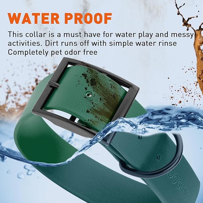 Dogline Biothane Waterproof Dog Collar Strong Coated Nylon Webbing with Black Hardware Odor- Proof for Easy Care Easy to Clean High Performance Fits Small Medium or Large Dogs, Hunter Green