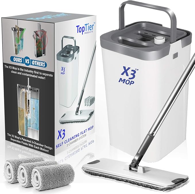 X3 Mop, Separates Dirty and Clean Water, 3-Chamber Design, Flat Mop and Bucket Set, Hands Free Home Floor Cleaning, 3 Reusable Microfiber Mop Pads Included