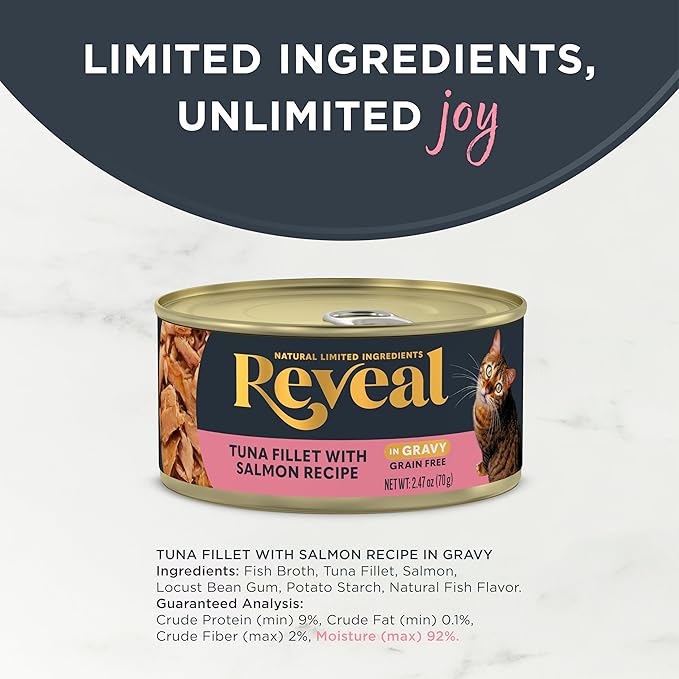 Reveal - Grain Free | Wet Canned Cat Food | 2.47oz - 24 Pack - Premium Nutrition, 100% Natural, No Additives, and Limited Ingredients (Tuna with Salmon in Gravy)
