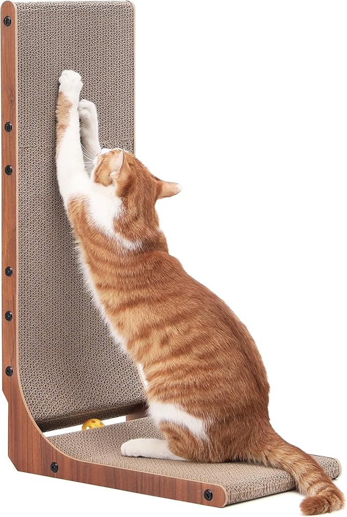 FUKUMARU Cat Scratcher, 26.8 Inch Cat Scratch Pad for Indoor Cats, L Shaped Cardboard Vertical Cats Scratching Board with Ball Toy, Walnut Color, 1 Pack
