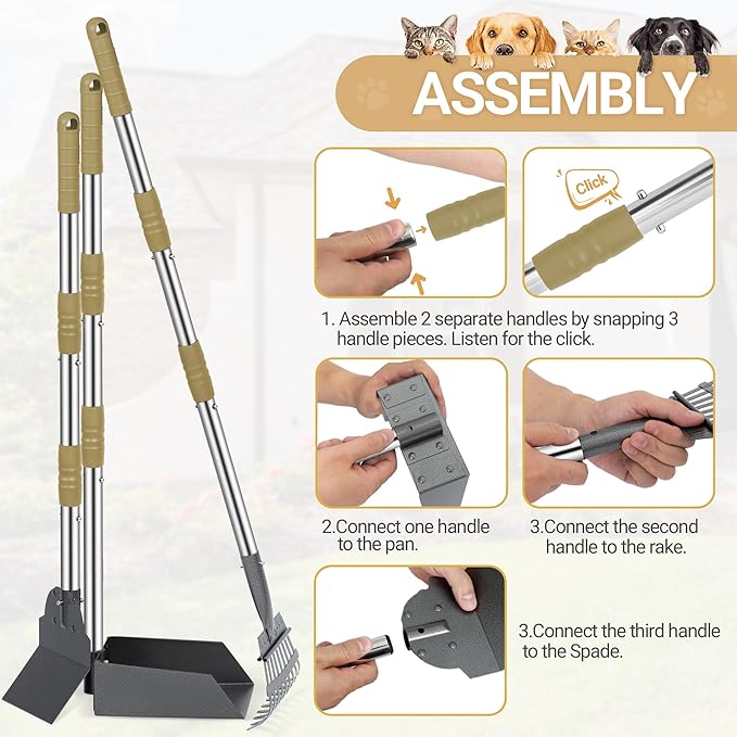 Heeyoo Dog Pooper Scooper, Dog Poop Tray and Rake Set, Pet Waste Removal Scoop with Long Adjustable Sectional Stainless Handles