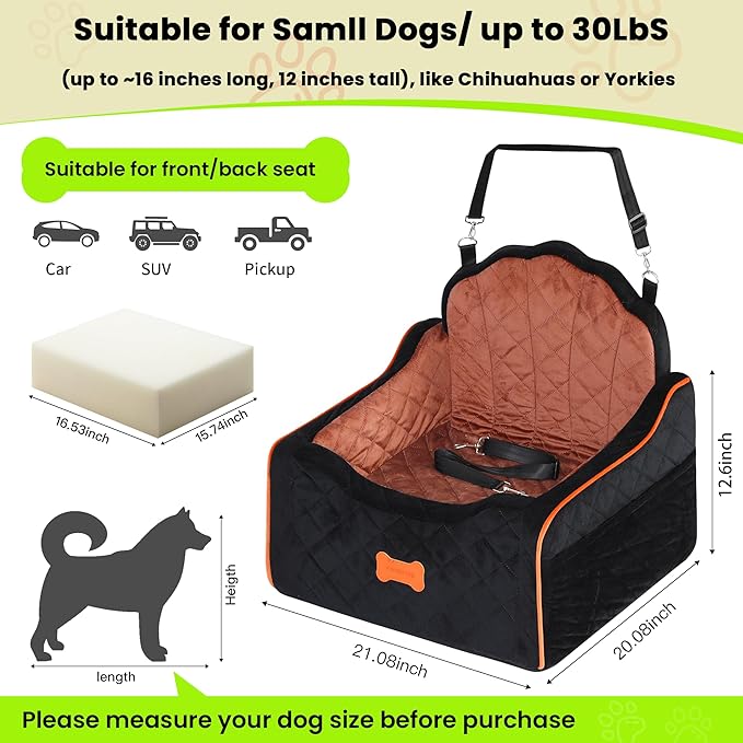 Dog Car Seat for Small Dogs Under 30lbs, Detachable Washable Pet Booster Seat with Safety Belt & Storage Pockets, Travel Car Bed, Black/Brown