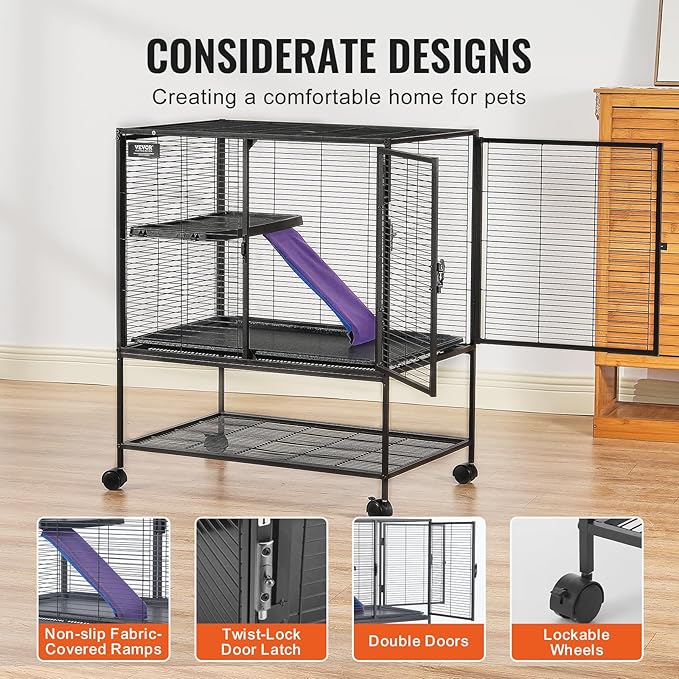 VEVOR 36" Rolling Metal Ferret Cage, Large 2-Tier Critter Nation Cage, Small Animal Cage with Ramps & Tray, Easy to Set up for Pet Mice, Hamster, Guinea Pig, Chinchilla, Squirrel, Hedgehogs, Bunny