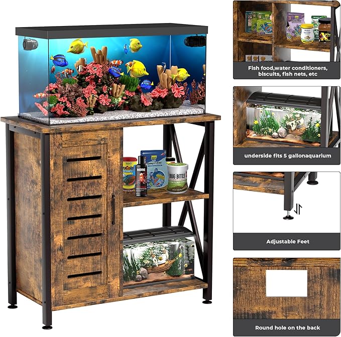 20-29 Gallon Fish Tank Stand, Aquarium Stand with Cabinet Accessories Storage, Heavy Duty Metal Frame, 31.49" L*15.74" W Tabletop, 330LBS Capacity, Rustic Brown PG07YGN