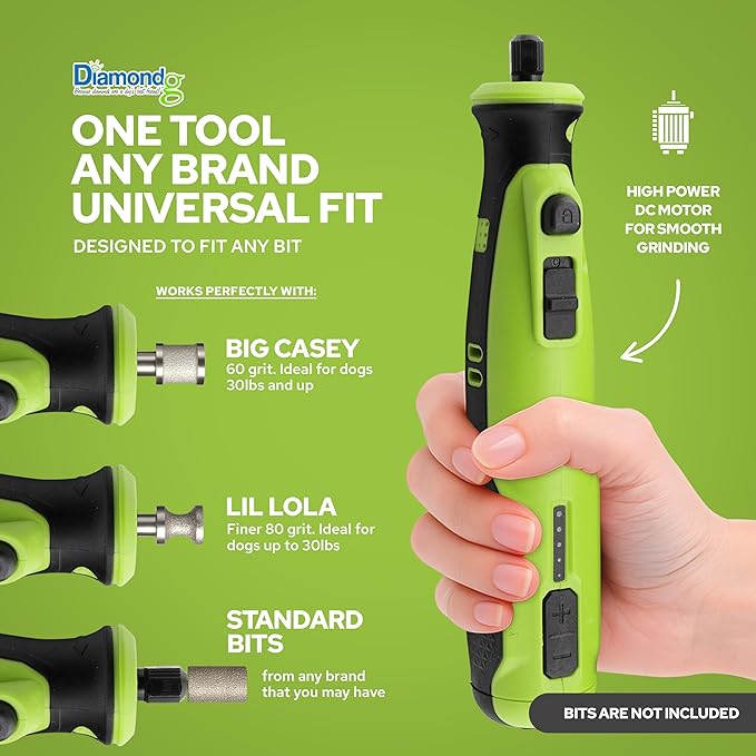 Diamondg Cordless Dog Nail Grinder with Quiet Sound & LED Tip for Large & Small Dogs, 4hrs. Runtime, 2 Bits Included, Green