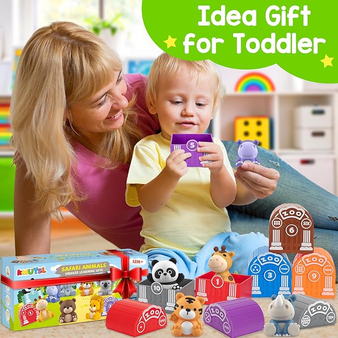Learning Toys for 1,2,3 Year Old, 20 Pcs Safari Animals Toy, Counting Skill, Color Matching, Montessori Toys, Christmas Birthday Easter Educational Gift for Baby Toddler Boys Girls Age 12-18 Months