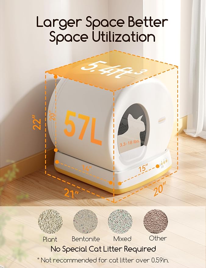 MeoWant Self-Cleaning Cat Litter Box, Advanced Safety System Automatic Cat Litter Box Perfect for Multi Cats, Extra Large/Odor Control/APP Control Smart Cat Litter Box with Mat & Liner, Yellow