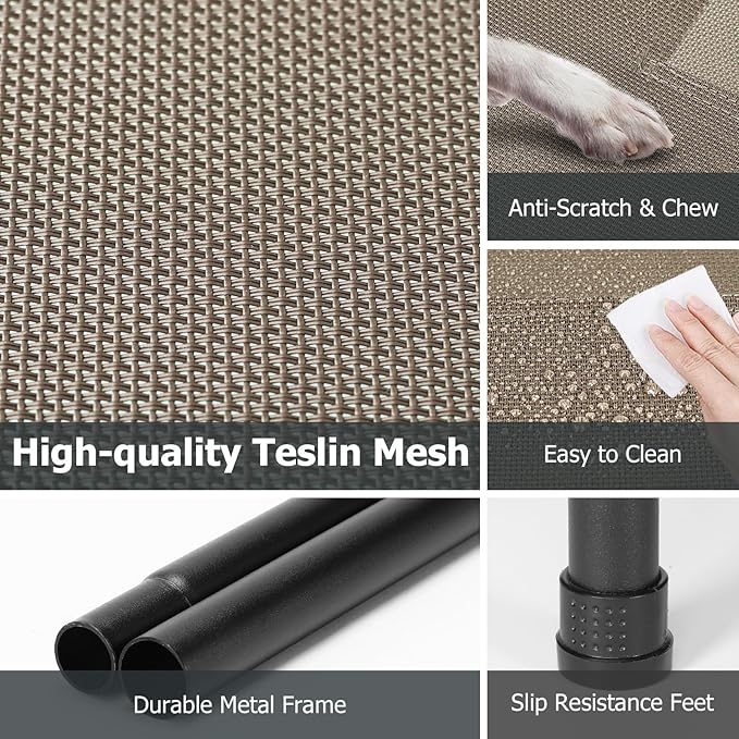 Elevated Dog Bed Outdoor, Medium Raised Cooling Dogs Cot, Lifted Pet Beds with Durable Breathable Teslin Mesh, Pet's Hammock with Non-Slip Feet, 35 inch Brown