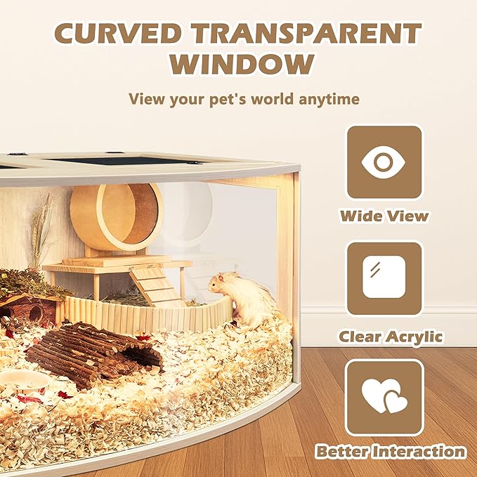 Prolee Hamster Cage Chew Proof Wood, Hamsters Enclosure Openable Top with Curved Design,Waterproof Small Animals Cage with Acrylic Sheets for Gerbils,Hamster Habitat(32 Inches)